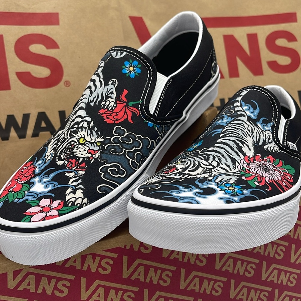 Vans Black and White Tiger Floral Slip-On Sneakers